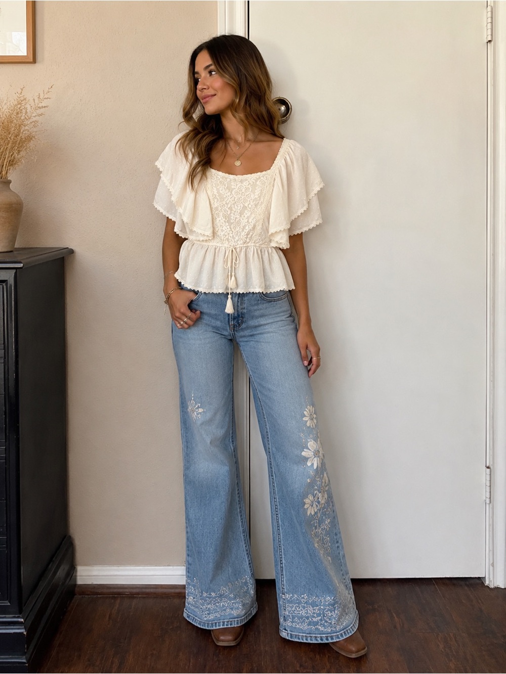 Cato Cream Lace Peasant Top with Flutter Cape Sleeve - XL
